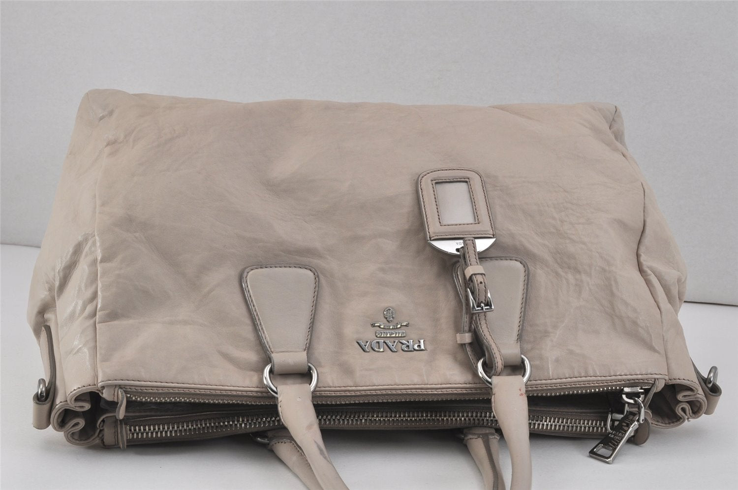 Authentic PRADA Vintage Leather 2Way Shoulder Hand Bag Light Gray 2608K