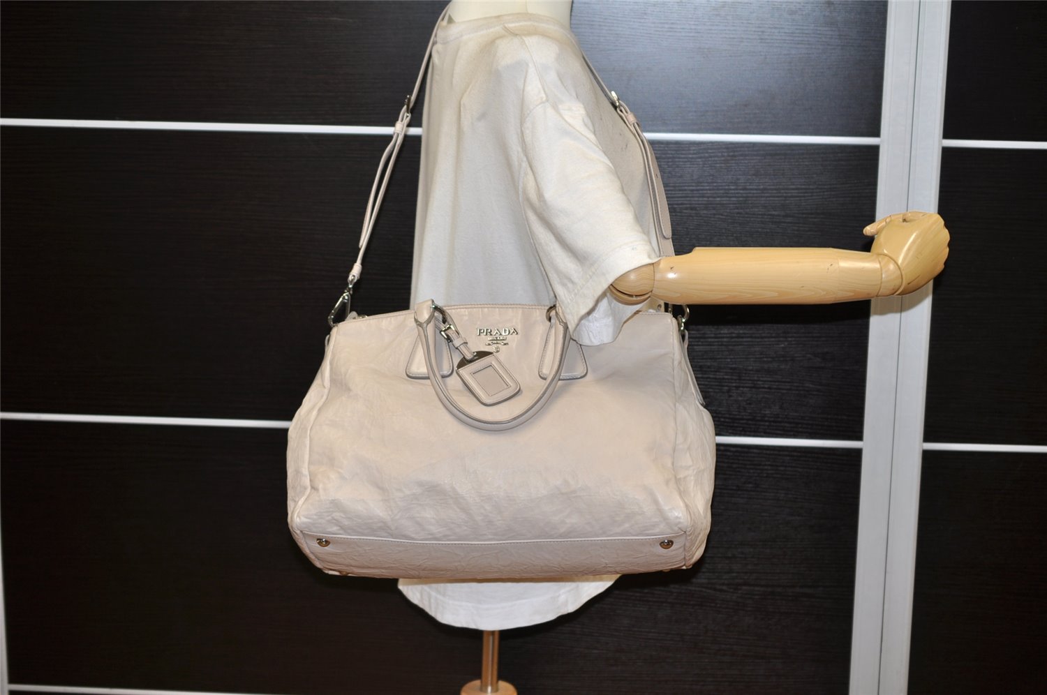 Authentic PRADA Vintage Leather 2Way Shoulder Hand Bag Light Gray 2608K