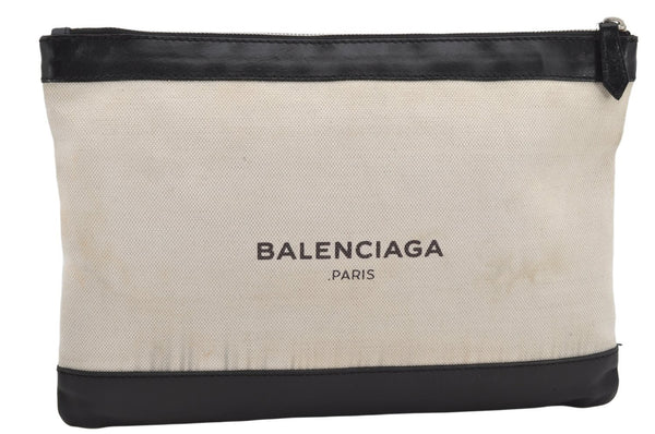 Authentic BALENCIAGA Navy Clip M Clutch Bag Canvas Leather 373834 White 2618K