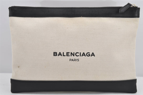 Authentic BALENCIAGA Navy Clip M Clutch Bag Canvas Leather 373834 White 2619K