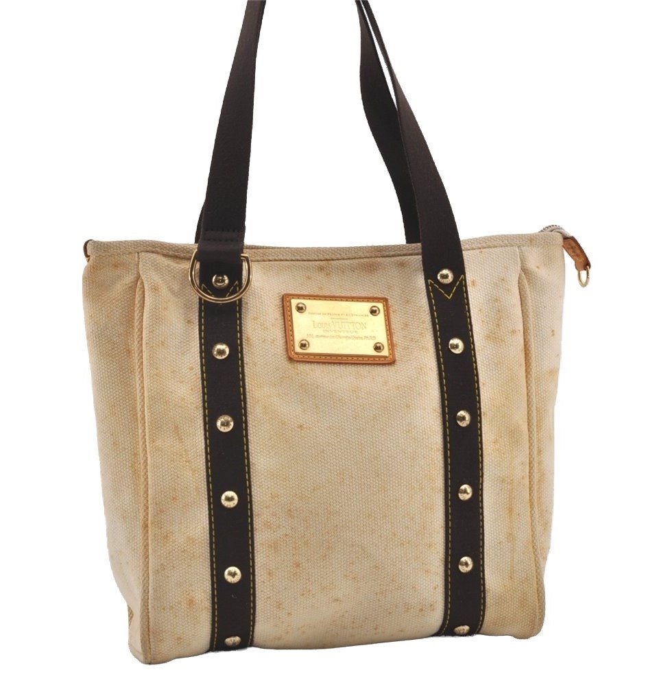 Authentic Louis Vuitton Antigua Cabas MM Tote Bag White Brown M40036 LV 2622J