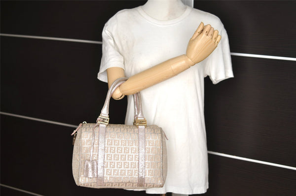 Authentic FENDI Zucchino Hand Bag Purse Canvas Leather Silver Beige 2624I