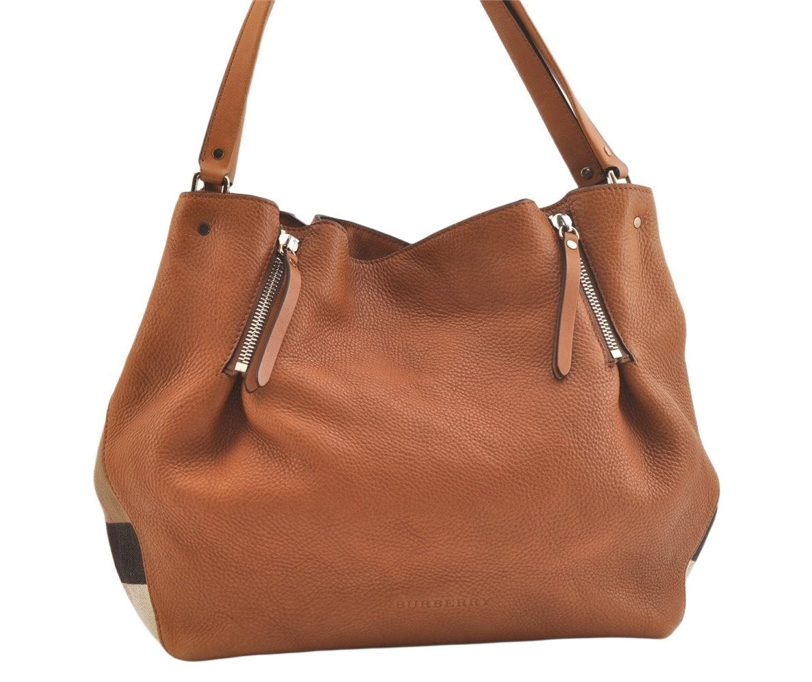 Authentic BURBERRY Vintage Leather Canvas Check Shoulder Tote Bag Brown 2628K