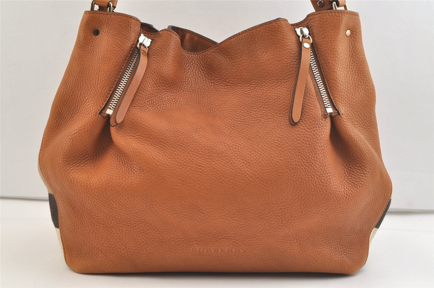 Authentic BURBERRY Vintage Leather Canvas Check Shoulder Tote Bag Brown 2628K