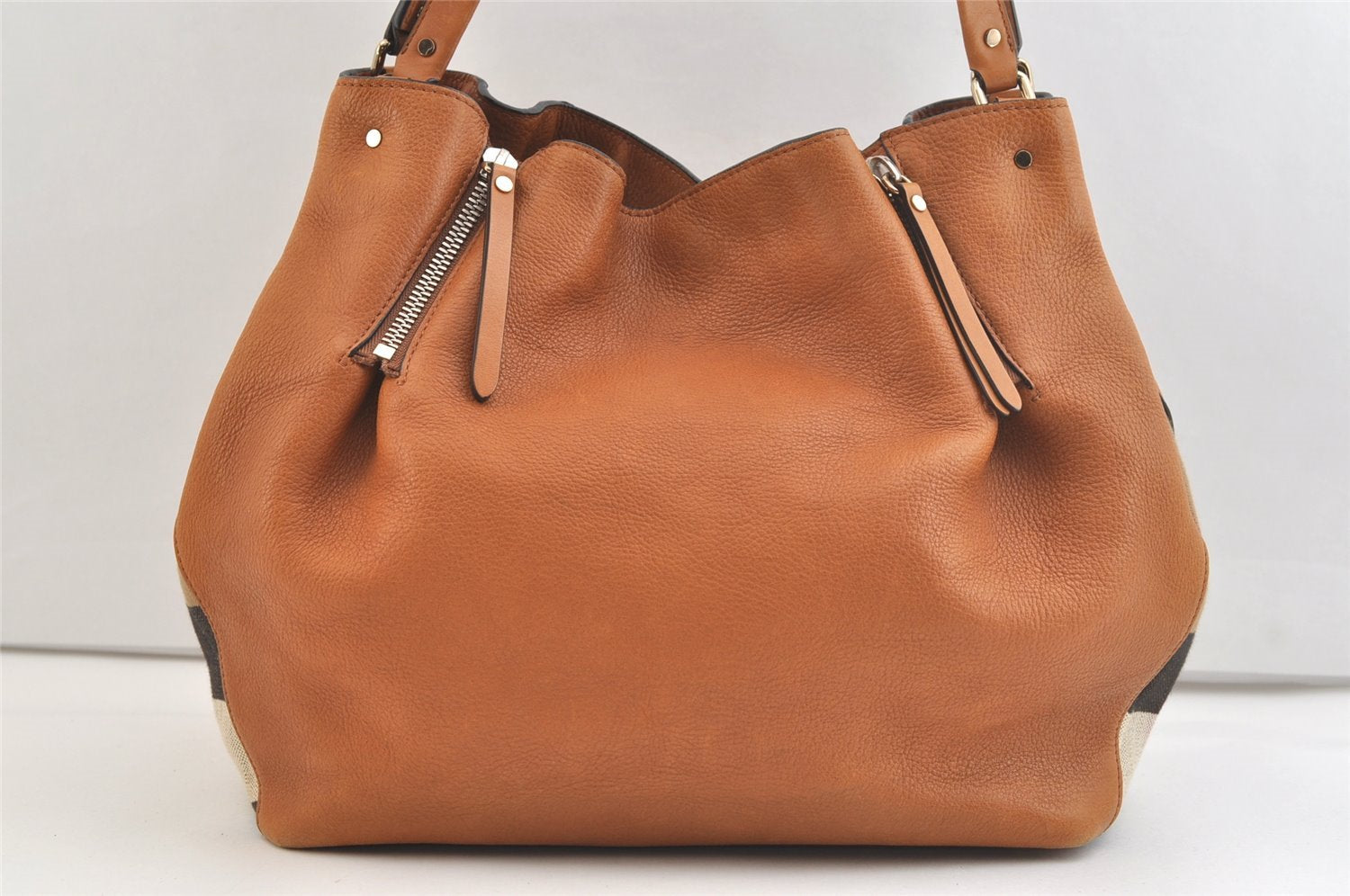 Authentic BURBERRY Vintage Leather Canvas Check Shoulder Tote Bag Brown 2628K