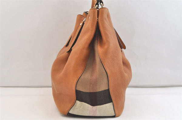 Authentic BURBERRY Vintage Leather Canvas Check Shoulder Tote Bag Brown 2628K