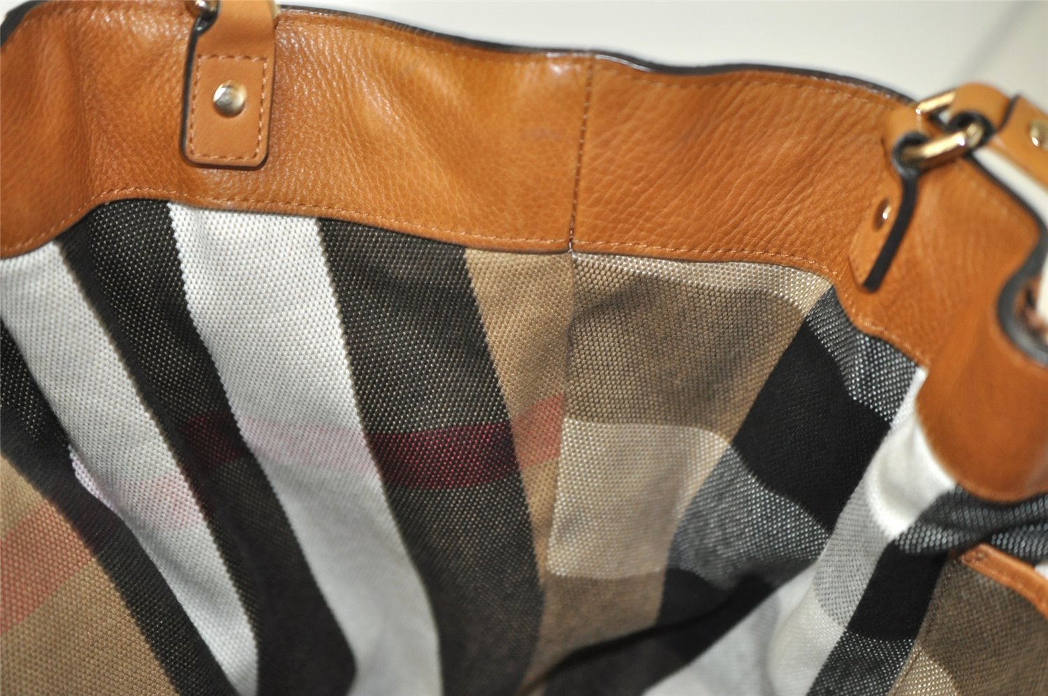 Authentic BURBERRY Vintage Leather Canvas Check Shoulder Tote Bag Brown 2628K