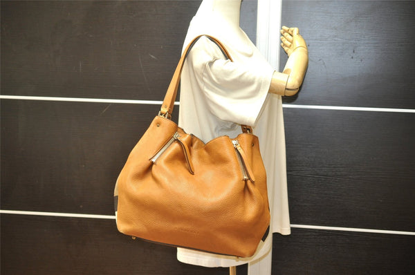 Authentic BURBERRY Vintage Leather Canvas Check Shoulder Tote Bag Brown 2628K