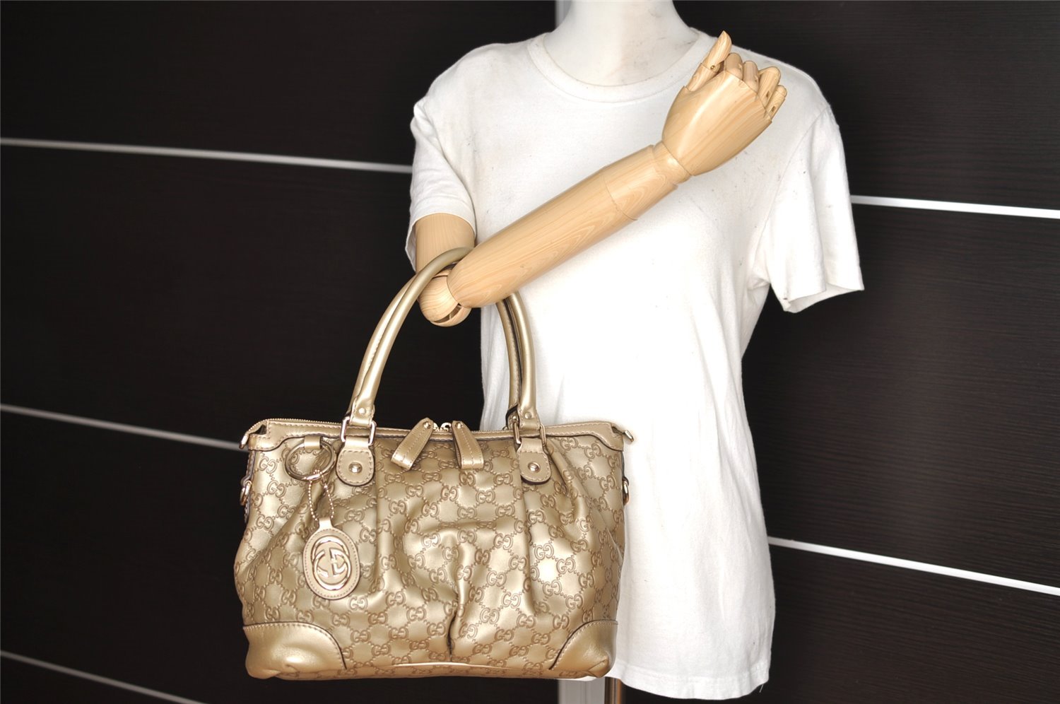 Authentic GUCCI Guccissima Sukey 2Way Tote Hand Bag GG Leather 247902 Gold 2630I