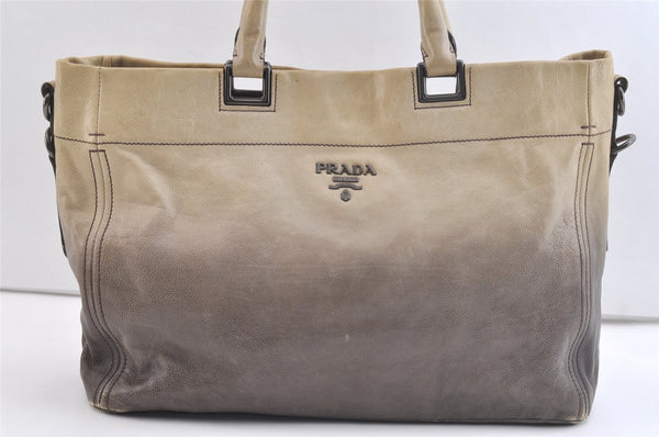 Authentic PRADA Vintage Leather Nappa 2Way Shoulder Tote Bag Beige Black 2632K