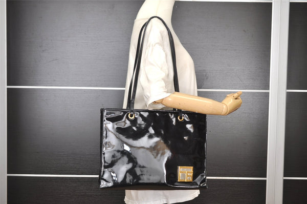 Authentic FENDI Vintage Shoulder Tote Bag Enamel Black 2640I