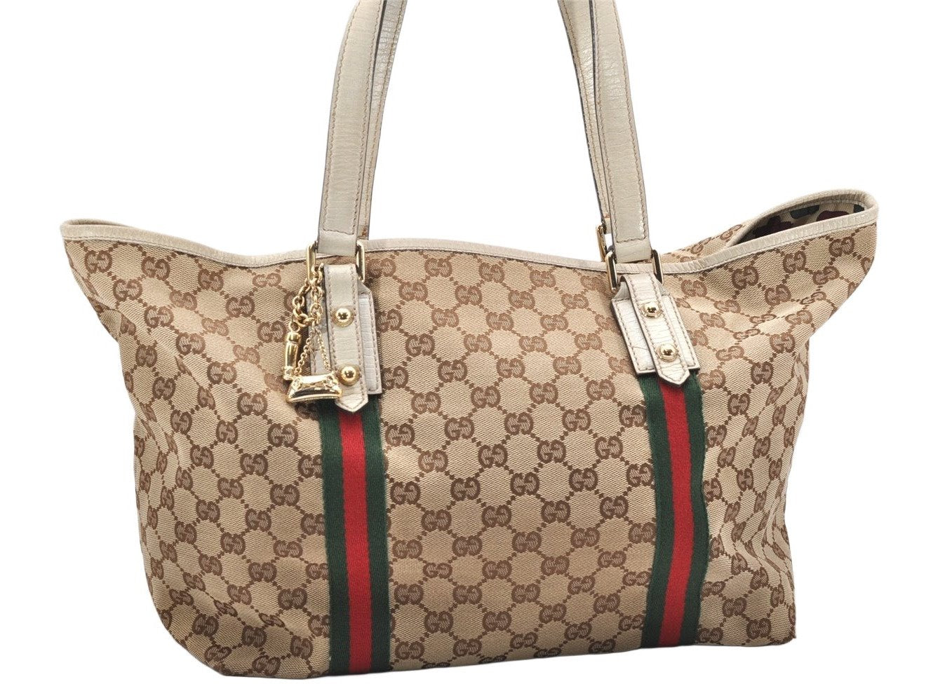 Authentic GUCCI Web Sherry Line Tote Bag GG Canvas Leather 139260 Brown 2642K