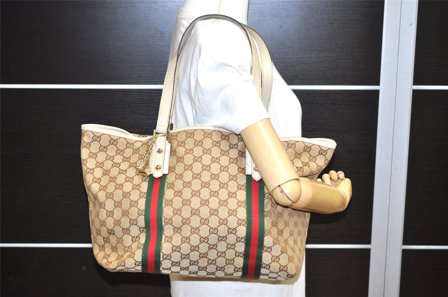 Authentic GUCCI Web Sherry Line Tote Bag GG Canvas Leather 139260 Brown 2642K