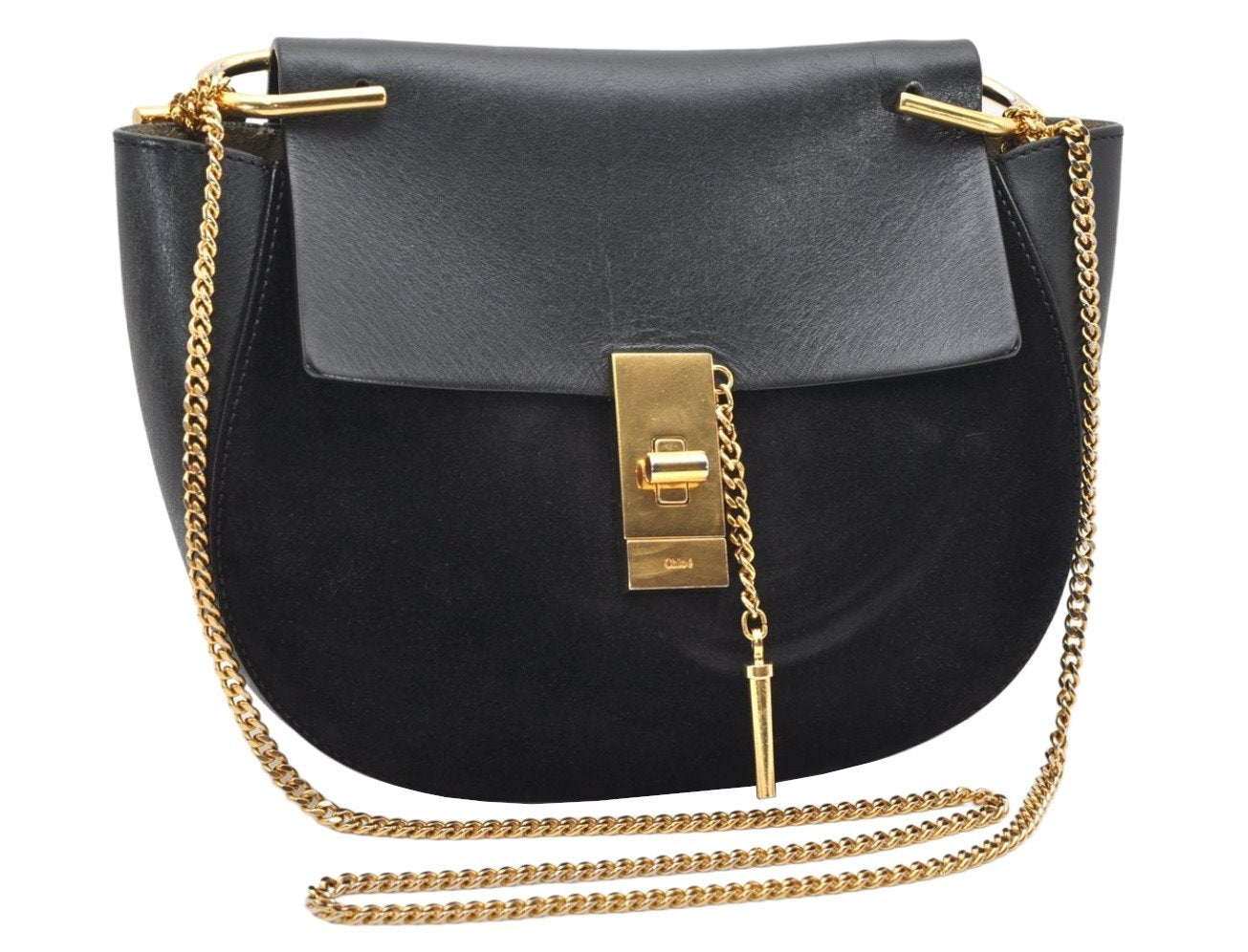 Authentic Chloe Drew Suede Leather Chain Shoulder Cross Body Bag Black 2644K