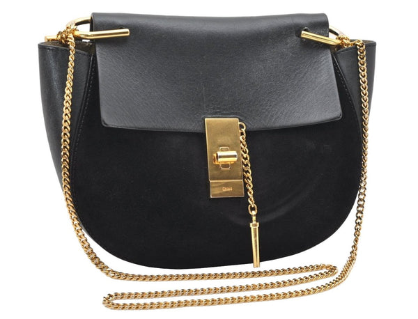 Authentic Chloe Drew Suede Leather Chain Shoulder Cross Body Bag Black 2644K