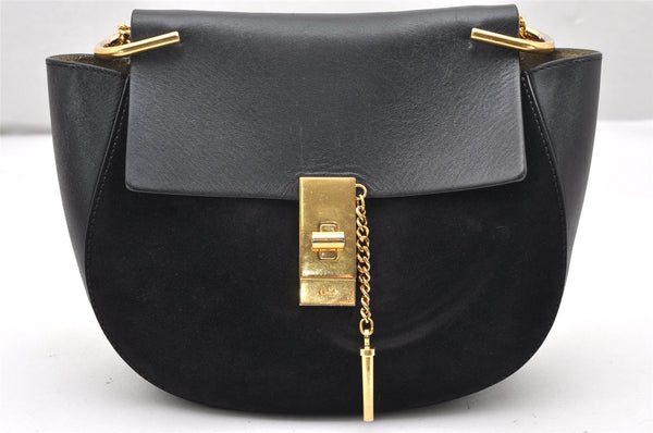 Authentic Chloe Drew Suede Leather Chain Shoulder Cross Body Bag Black 2644K