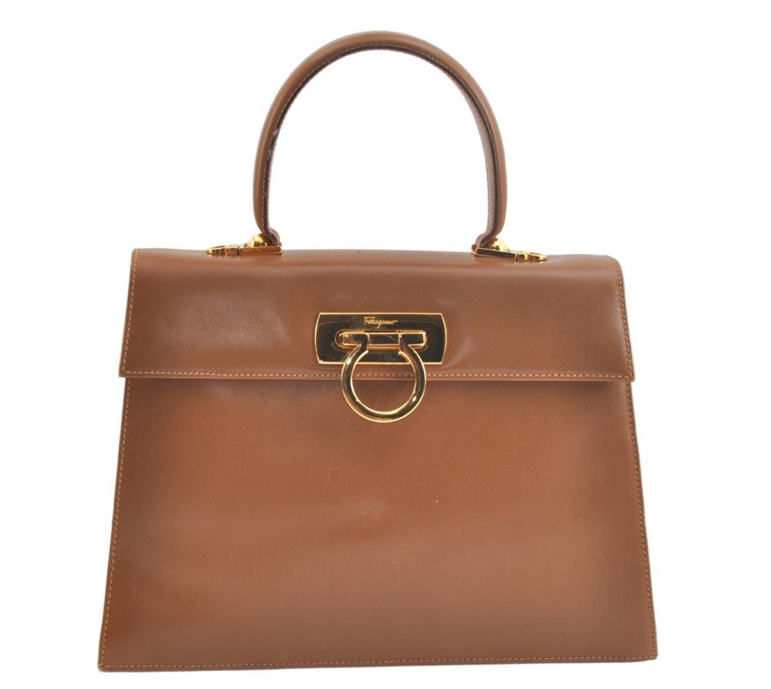 Authentic Salvatore Ferragamo Gancini Leather 2Way Shoulder Hand Bag Brown 2645K