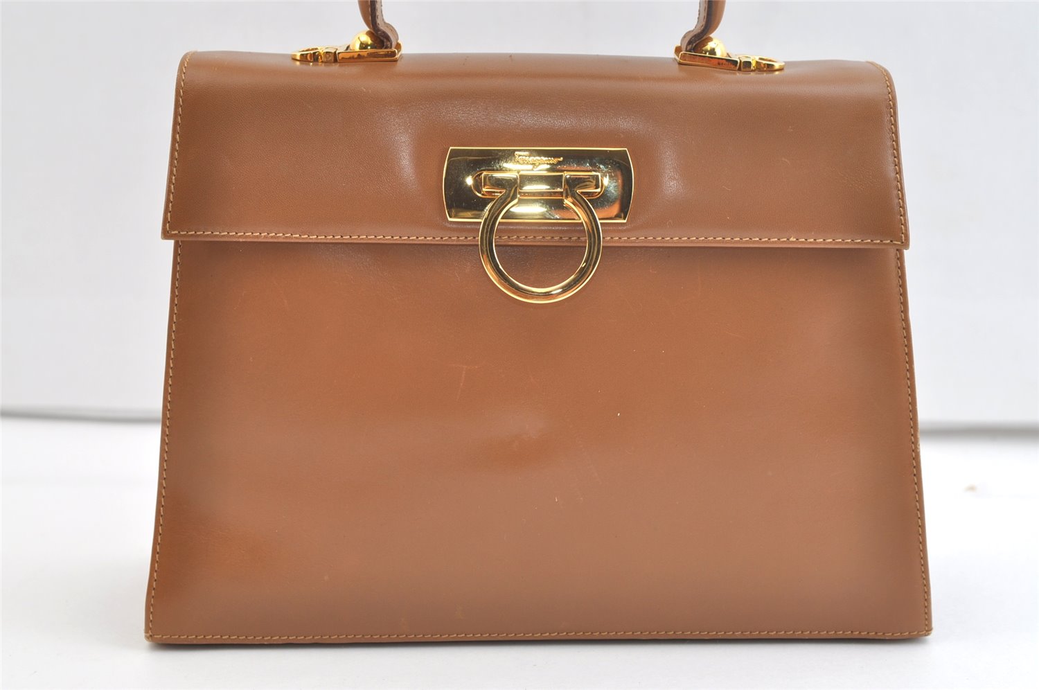 Authentic Salvatore Ferragamo Gancini Leather 2Way Shoulder Hand Bag Brown 2645K