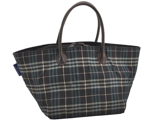 Authentic BURBERRY BLUE LABEL Check Shoulder Tote Bag Nylon Leather Brown 2647J