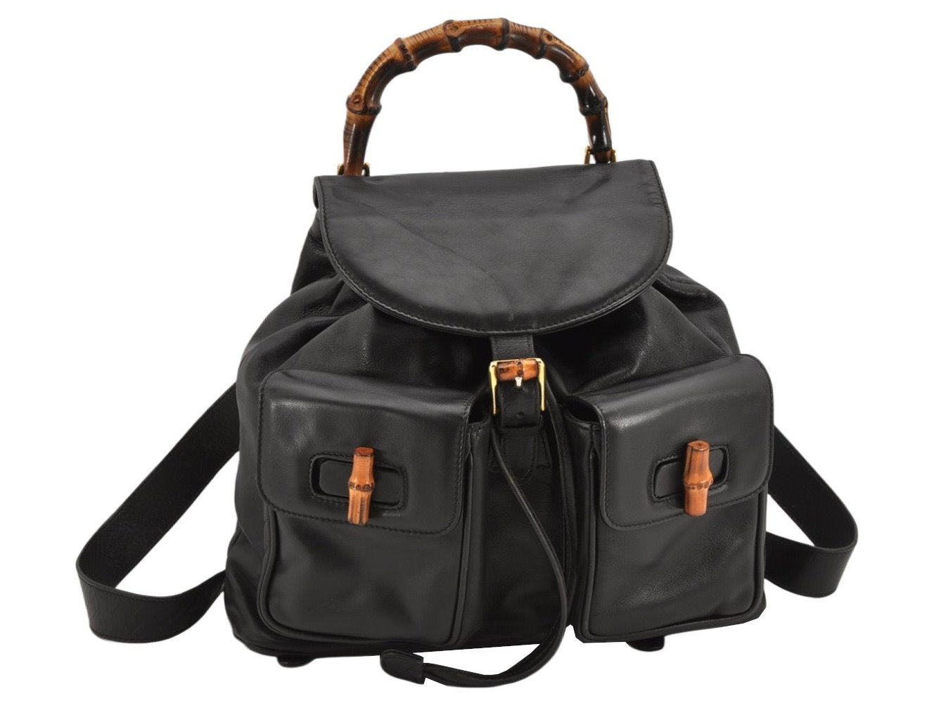 Authentic GUCCI Vintage Bamboo Drawstring Backpack Leather Black 2647K