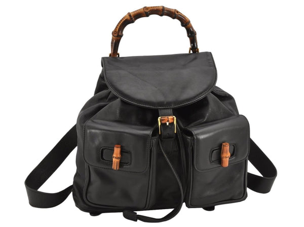Authentic GUCCI Vintage Bamboo Drawstring Backpack Leather Black 2647K