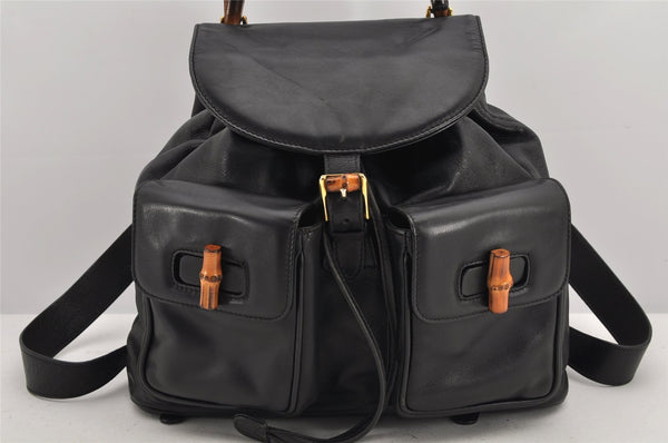 Authentic GUCCI Vintage Bamboo Drawstring Backpack Leather Black 2647K