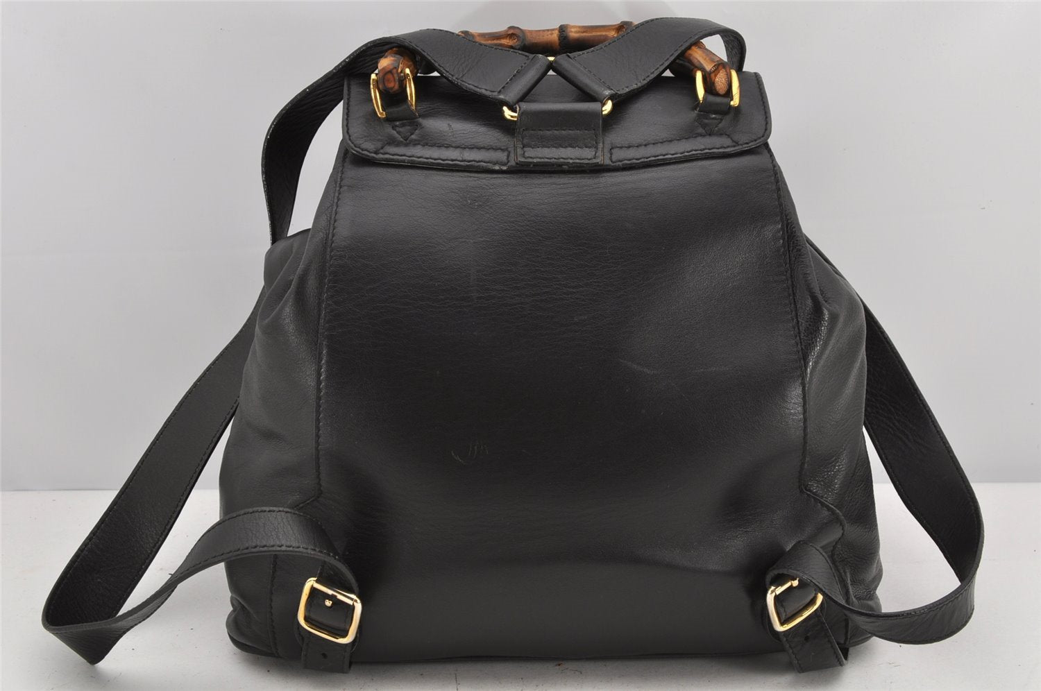 Authentic GUCCI Vintage Bamboo Drawstring Backpack Leather Black 2647K