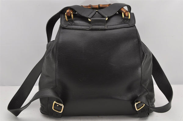 Authentic GUCCI Vintage Bamboo Drawstring Backpack Leather Black 2647K