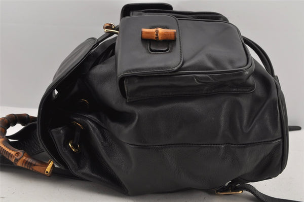 Authentic GUCCI Vintage Bamboo Drawstring Backpack Leather Black 2647K