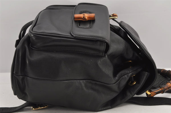 Authentic GUCCI Vintage Bamboo Drawstring Backpack Leather Black 2647K