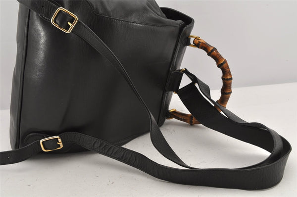 Authentic GUCCI Vintage Bamboo Drawstring Backpack Leather Black 2647K