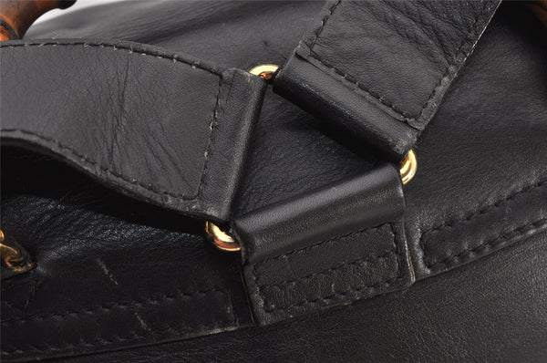 Authentic GUCCI Vintage Bamboo Drawstring Backpack Leather Black 2647K