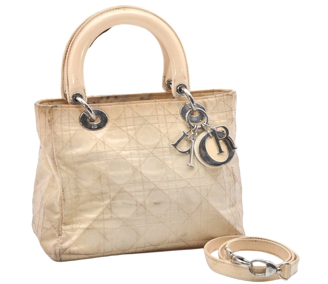 Auth Christian Dior Lady Dior Nylon Enamel Cannage 2Way Hand Bag Beige 2651K