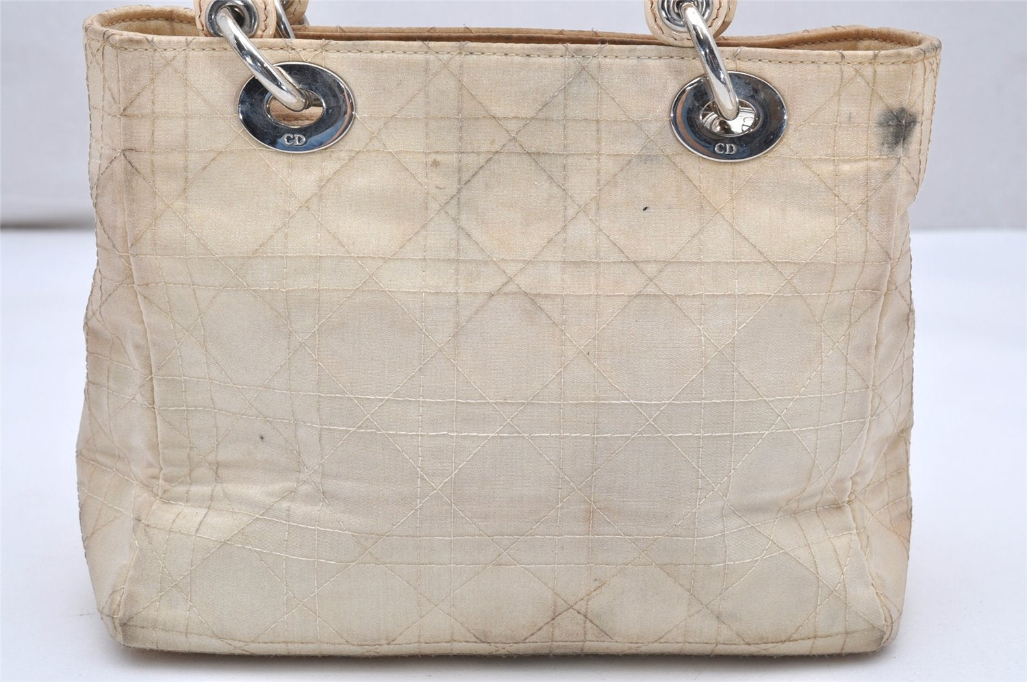 Auth Christian Dior Lady Dior Nylon Enamel Cannage 2Way Hand Bag Beige 2651K