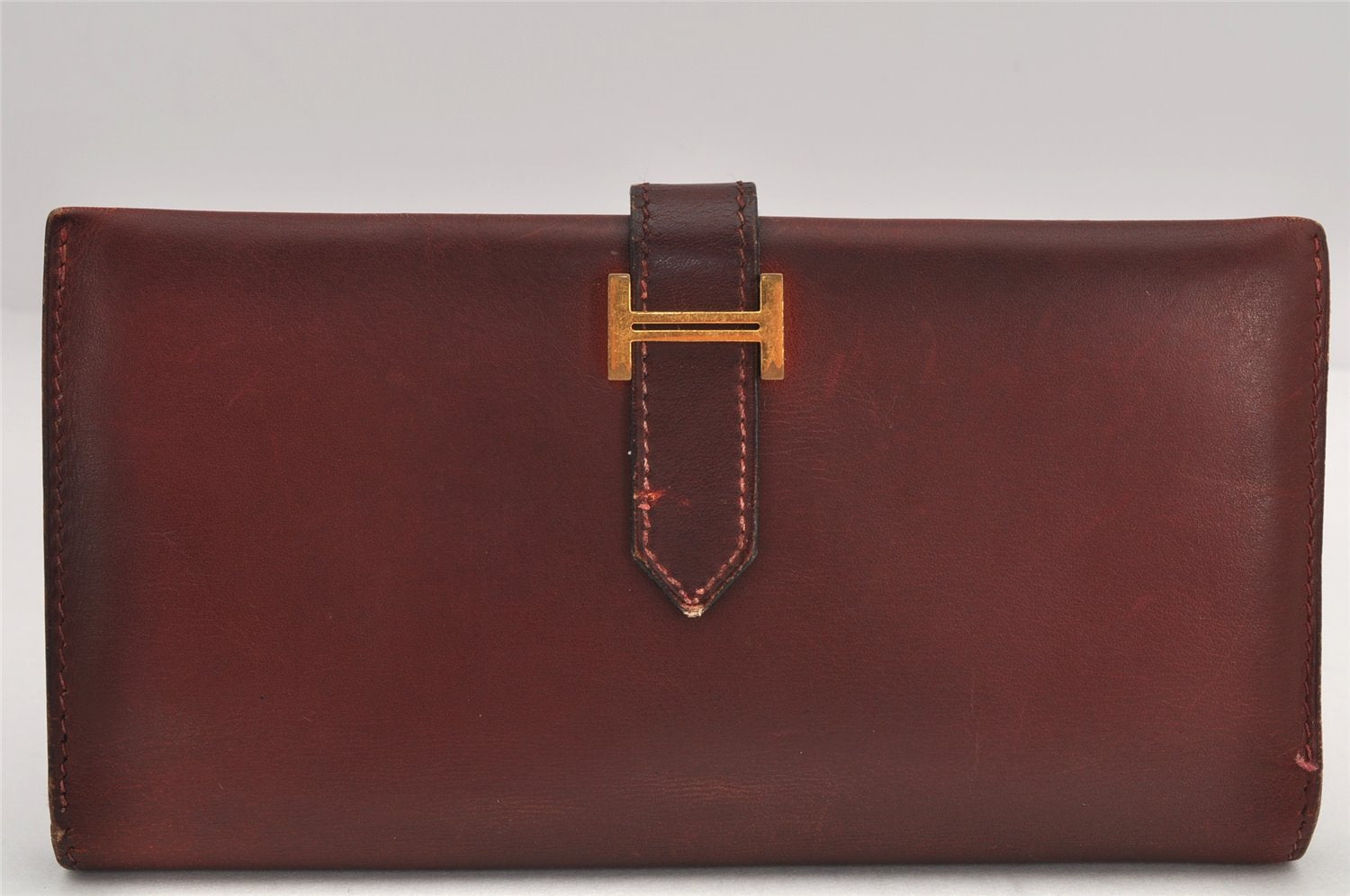 Authentic HERMES Bearn Classic Leather Long Wallet Purse Bordeaux Red 2665K