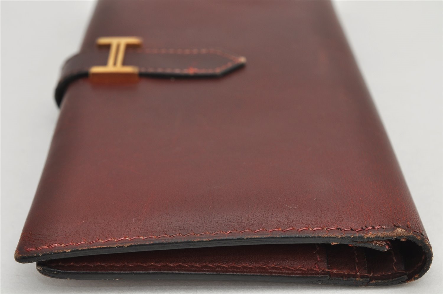Authentic HERMES Bearn Classic Leather Long Wallet Purse Bordeaux Red 2665K