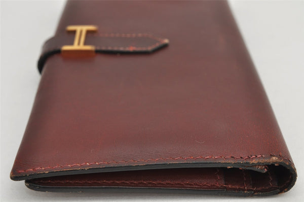 Authentic HERMES Bearn Classic Leather Long Wallet Purse Bordeaux Red 2665K