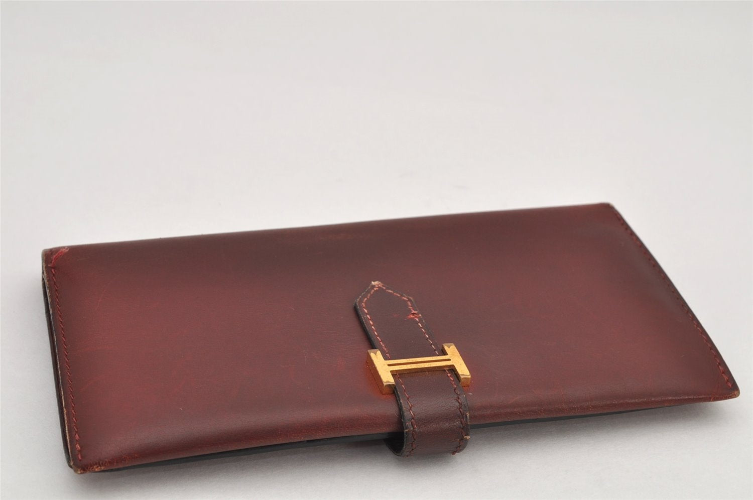 Authentic HERMES Bearn Classic Leather Long Wallet Purse Bordeaux Red 2665K