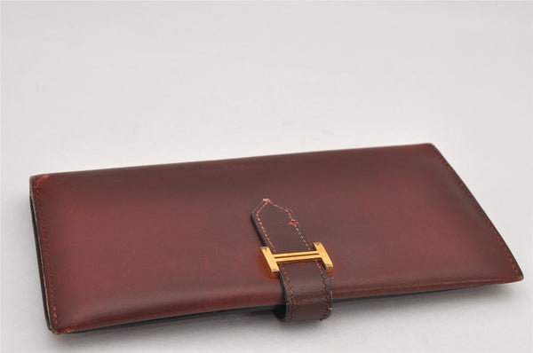 Authentic HERMES Bearn Classic Leather Long Wallet Purse Bordeaux Red 2665K