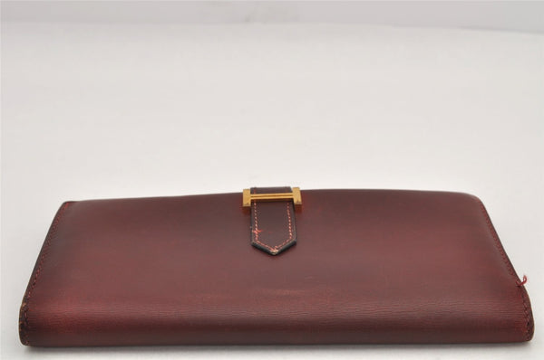Authentic HERMES Bearn Classic Leather Long Wallet Purse Bordeaux Red 2665K