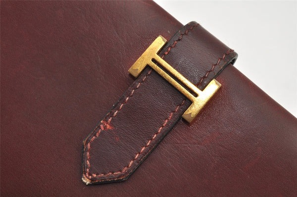 Authentic HERMES Bearn Classic Leather Long Wallet Purse Bordeaux Red 2665K