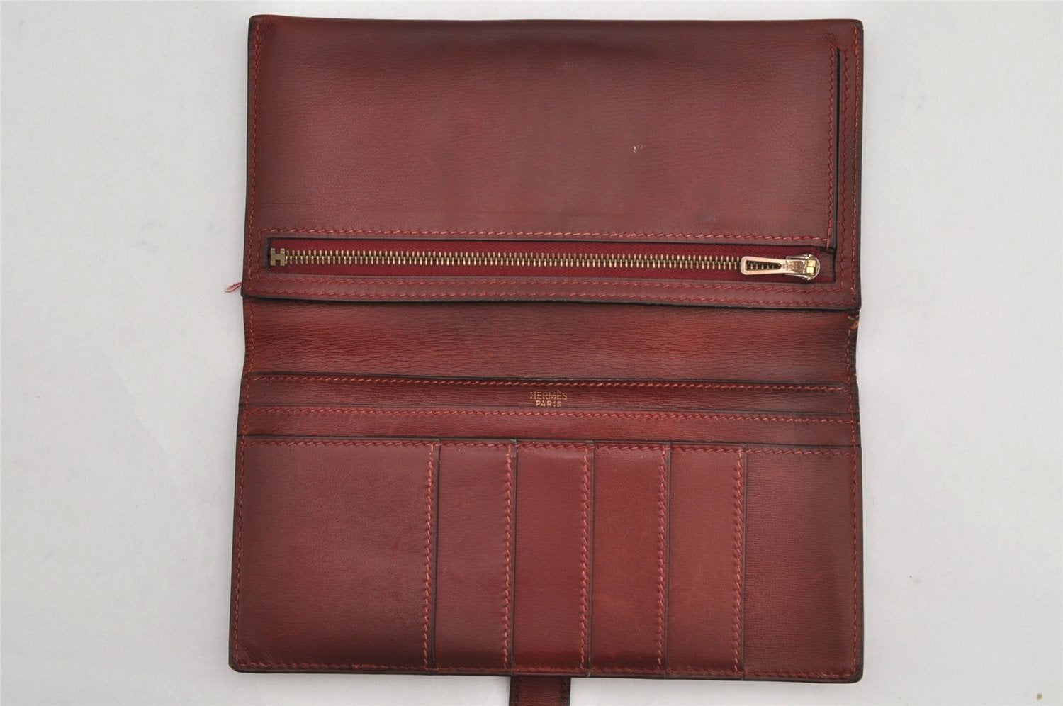 Authentic HERMES Bearn Classic Leather Long Wallet Purse Bordeaux Red 2665K