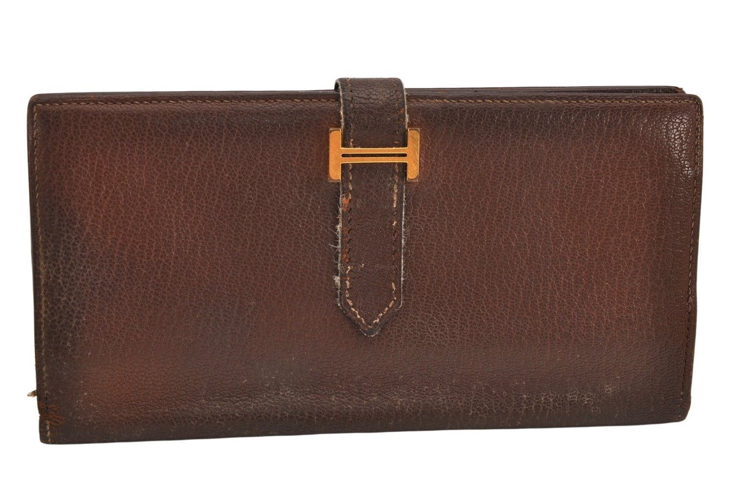 Authentic HERMES Bearn Soufflet Leather Long Wallet Purse Brown 2666K
