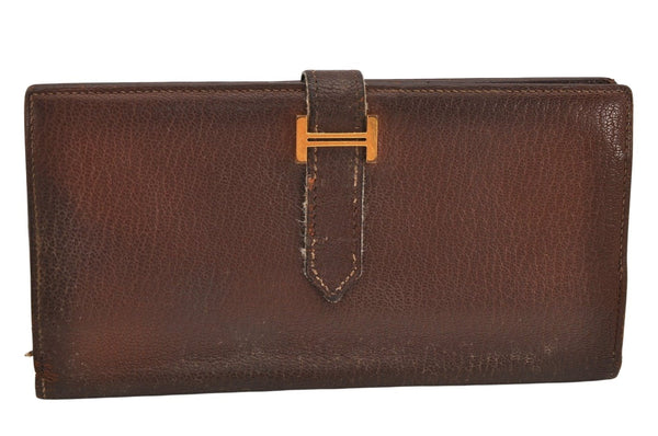 Authentic HERMES Bearn Soufflet Leather Long Wallet Purse Brown 2666K