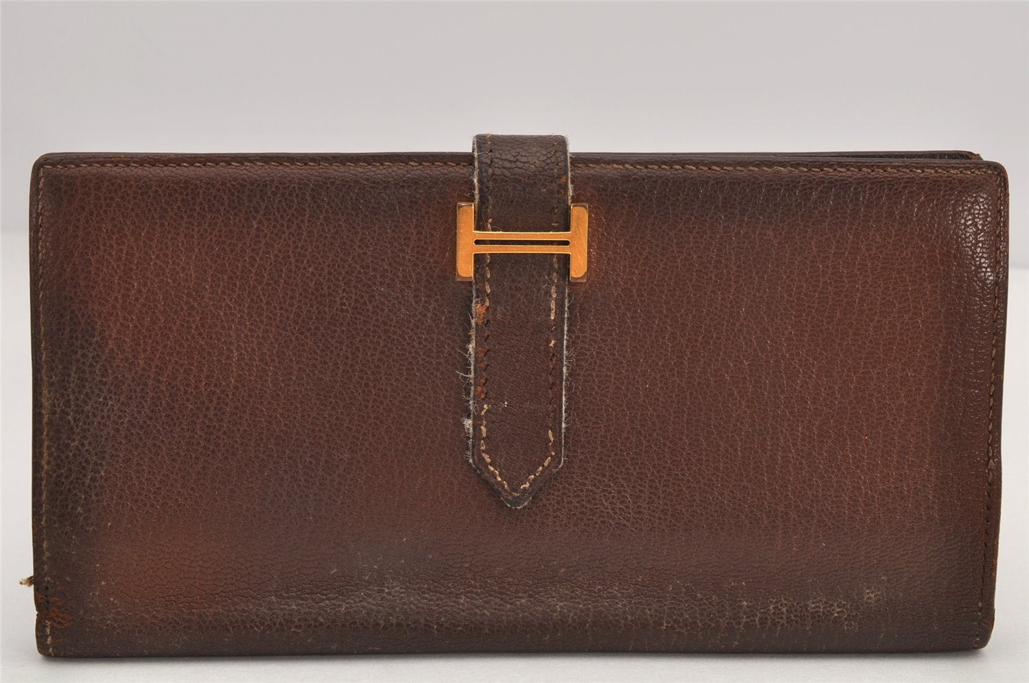 Authentic HERMES Bearn Soufflet Leather Long Wallet Purse Brown 2666K