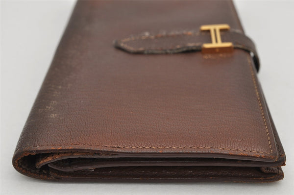 Authentic HERMES Bearn Soufflet Leather Long Wallet Purse Brown 2666K