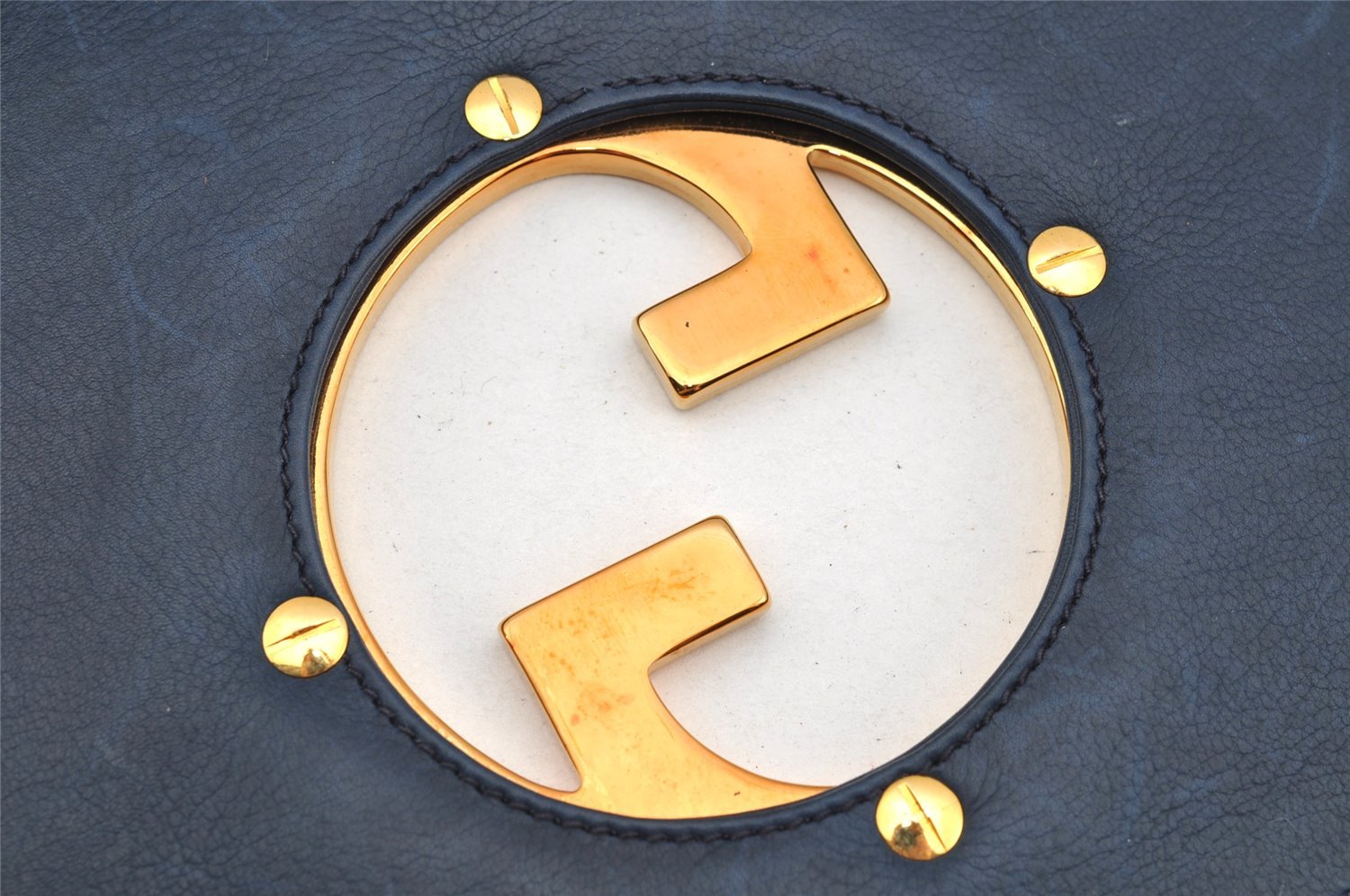 Authentic GUCCI Blondie Vintage Clutch Hand Bag Purse Leather Navy Blue 2667I