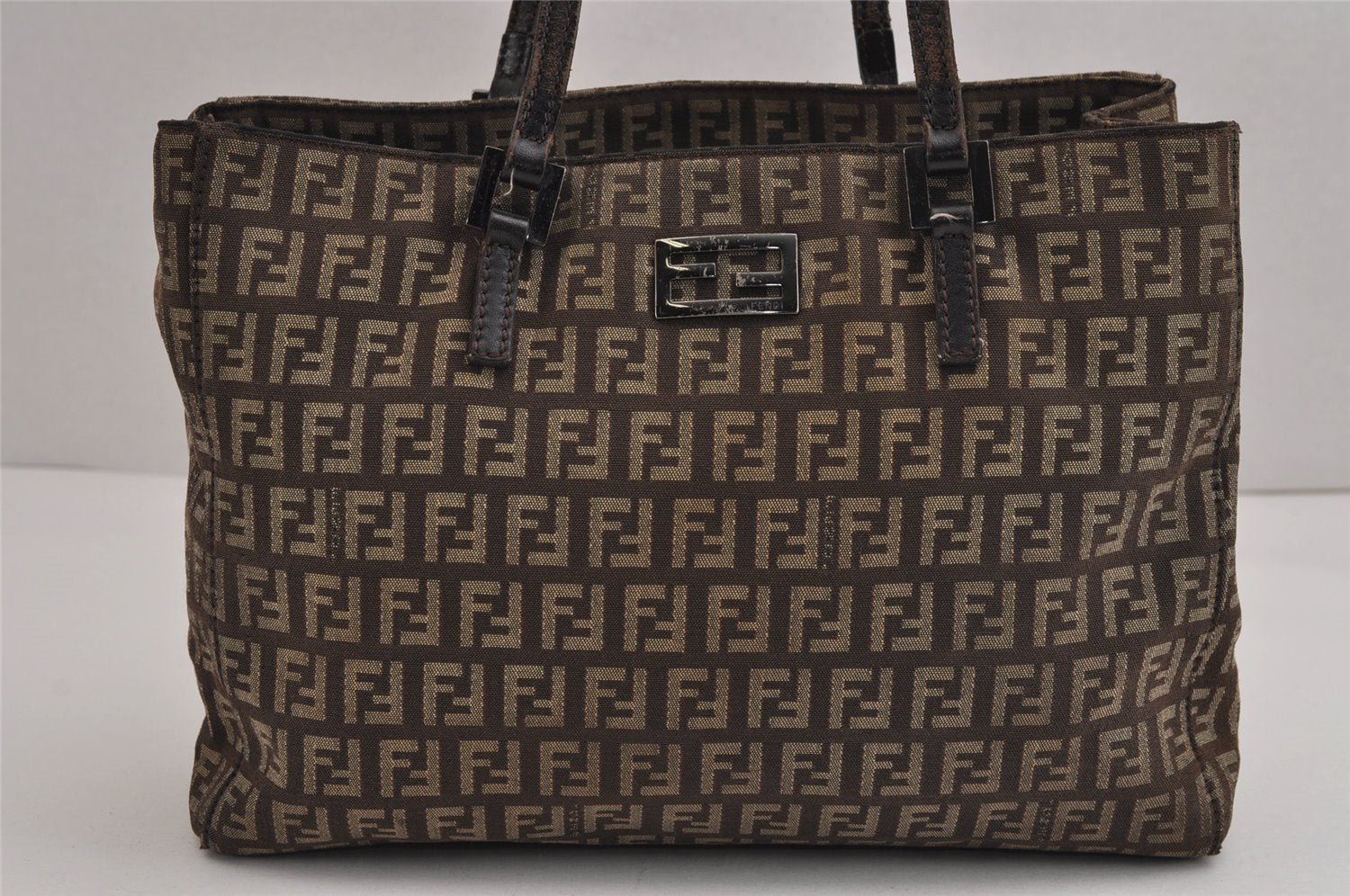 Authentic FENDI Zucchino Vintage Hand Bag Purse Canvas Leather Brown 2673J