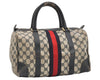 Authentic GUCCI Sherry Line Hand Boston Bag GG PVC Leather Navy Blue 2675J