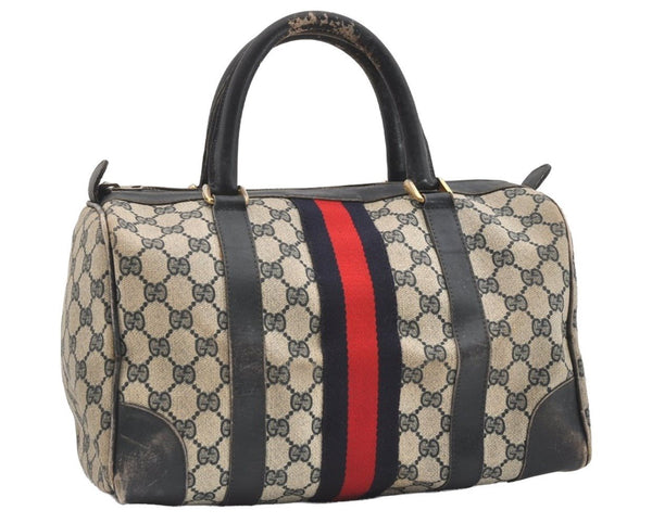 Authentic GUCCI Sherry Line Hand Boston Bag GG PVC Leather Navy Blue 2675J